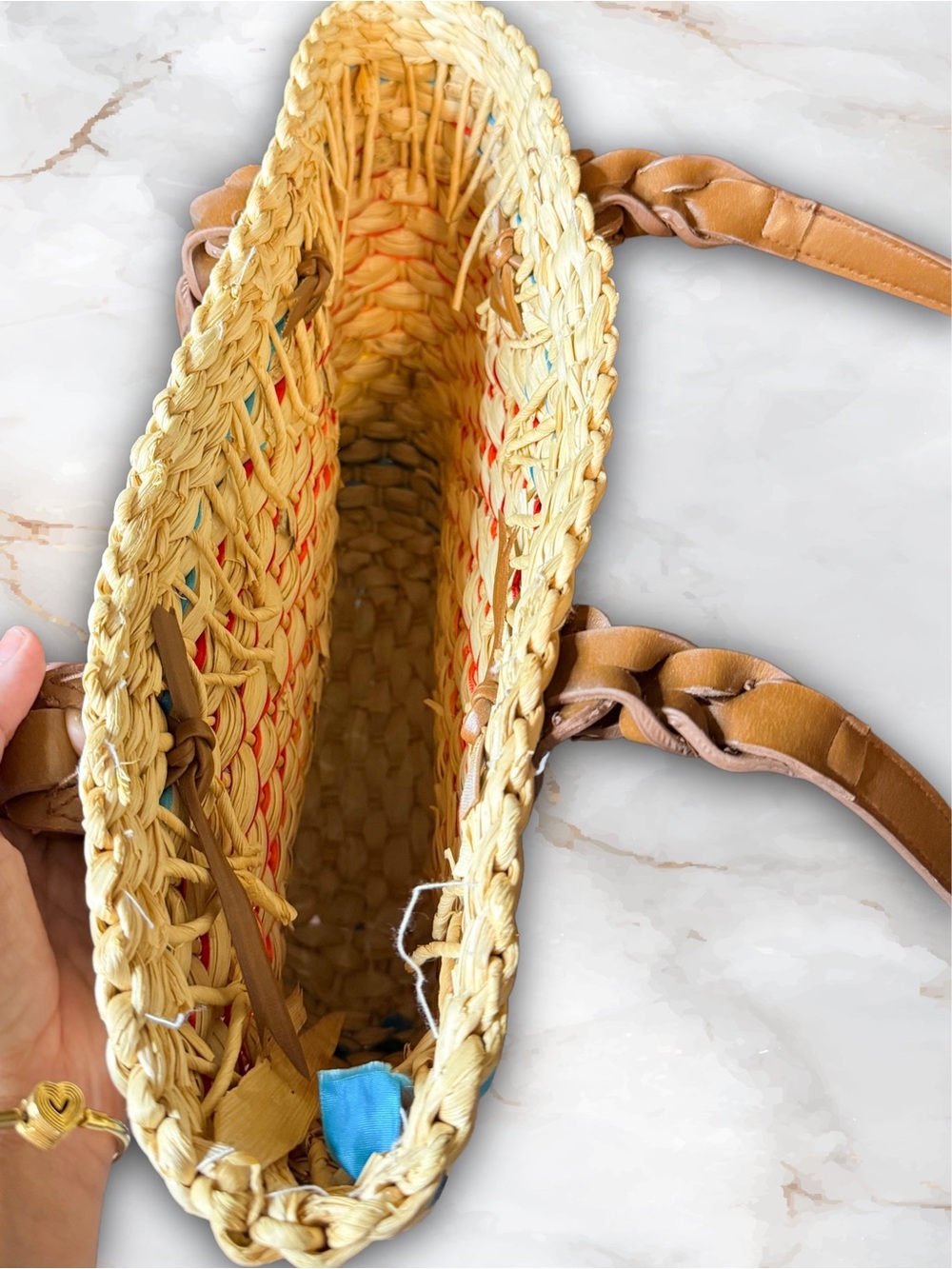 Rainbow Raw Woven Straw Tote Basket with Leather Handles - Picture 8 of 8